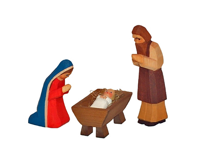 Sievers-Hahn Krippenfiguren Heilige Familie 3tlg., Maria, Josef, Kind in der Krippe, braunes Haar